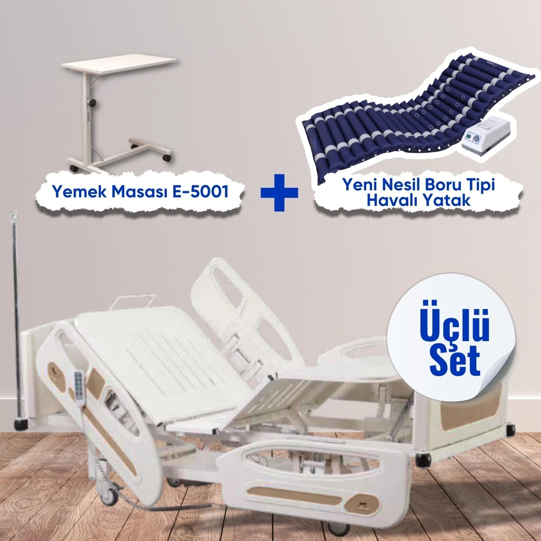 gns-402-uclu-set 4 Motorlu Hasta Yatağı Full ABS İthal Model (Piston Motorlu) + Hasta Yemek Masası + Havalı Yatak Boru Tipli - Görsel 1